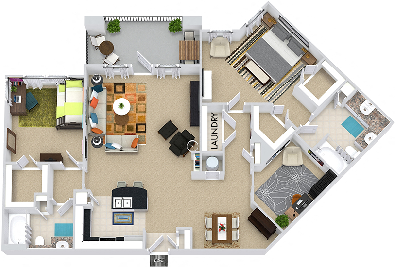 Floor plan for 2 beds, 2 baths, 1455 sqft